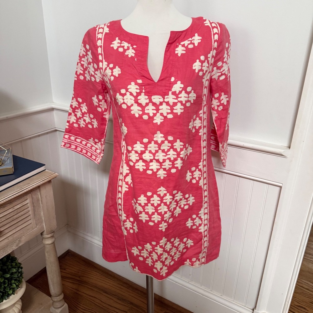 J.Crew Pink White Linen Block Print Tunic Dress Split Neck 3/4 Sleeve Size 2